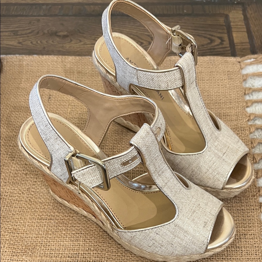Never worn ANTONIO MELANI Cream and Tan Wedge Sandals